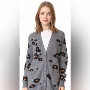 360 Cashmere Gray Leopard Print Cashmere Cardigan with Black and Brown Spots